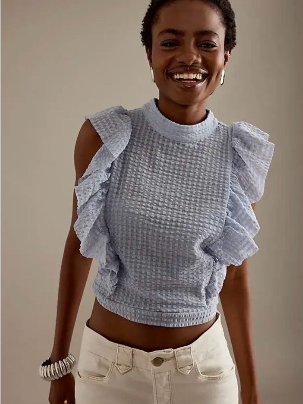 NWT SOLD OUT Maeve by Anthropologie Crop Ruffle Mesh Top Size S Light Grey/Blue